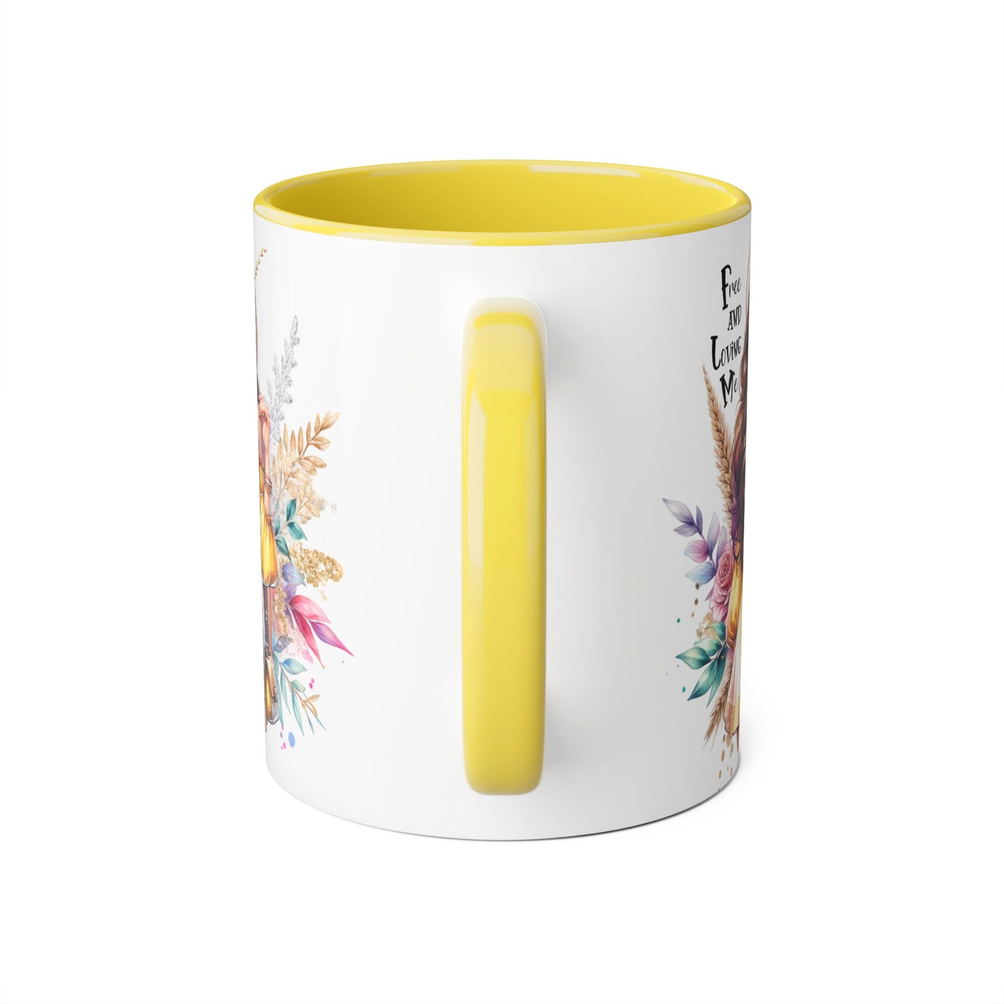 Free and Loving Me Bold Boho Accent Mug, Artistic Coffee Cup, Unique Gift for Women, Inspirational Kitchenware, Floral Design, Birthday Mug