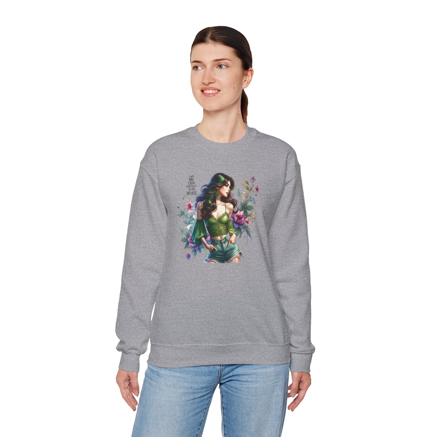 I Am My Own Happily Ever After Heroine Floral Sweatshirt | Unisex Cozy Crewneck, Gift for Her, Vintage Style, Plant Lover's Apparel, Superhero Inspired