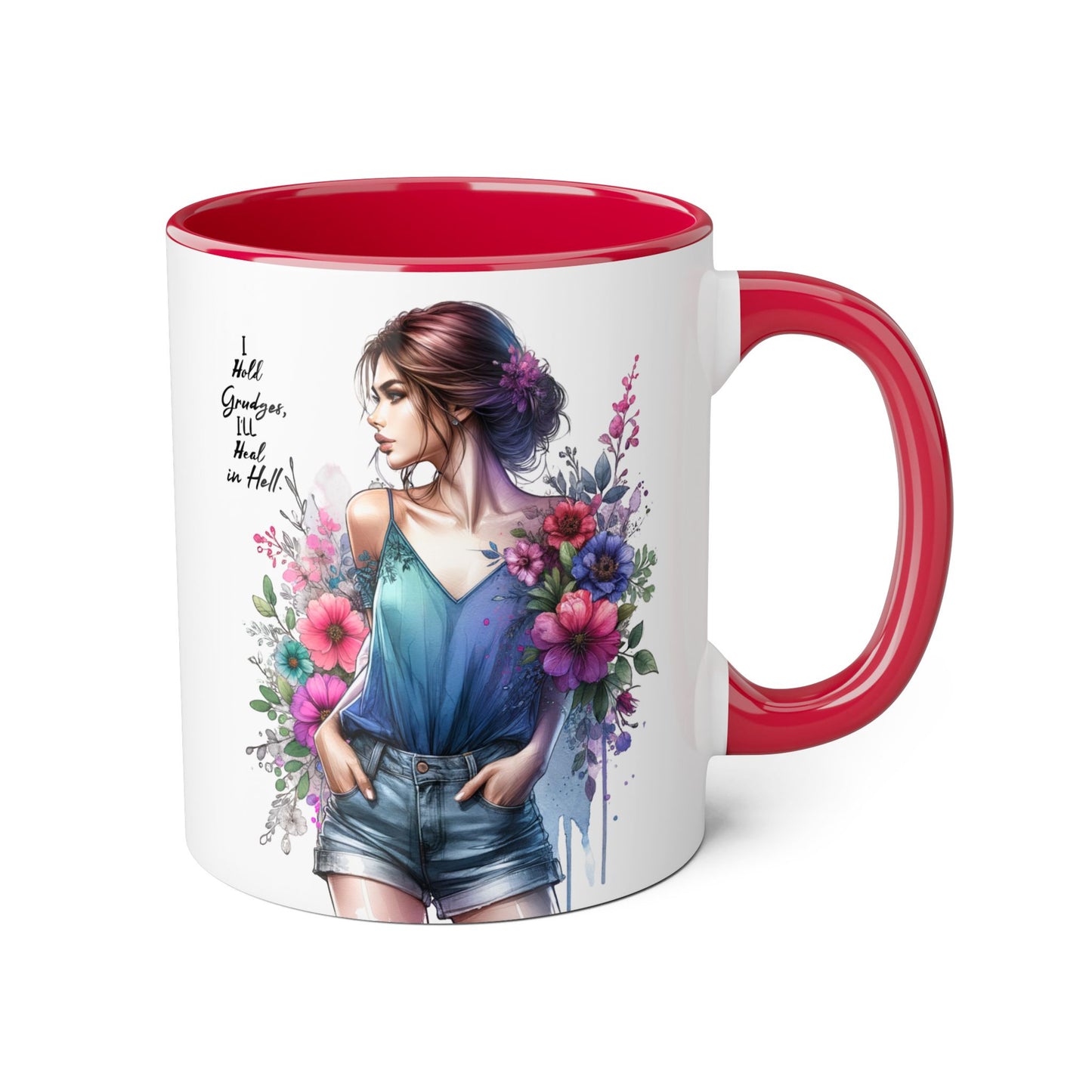 I Hold Grudges, I'll Heal in Hell Humoristic Floral Accent Mug, 11oz Coffee Cup for Grandma, Gift for Her, Birthday Present, Mother's Day, Home Decor, Floral Design