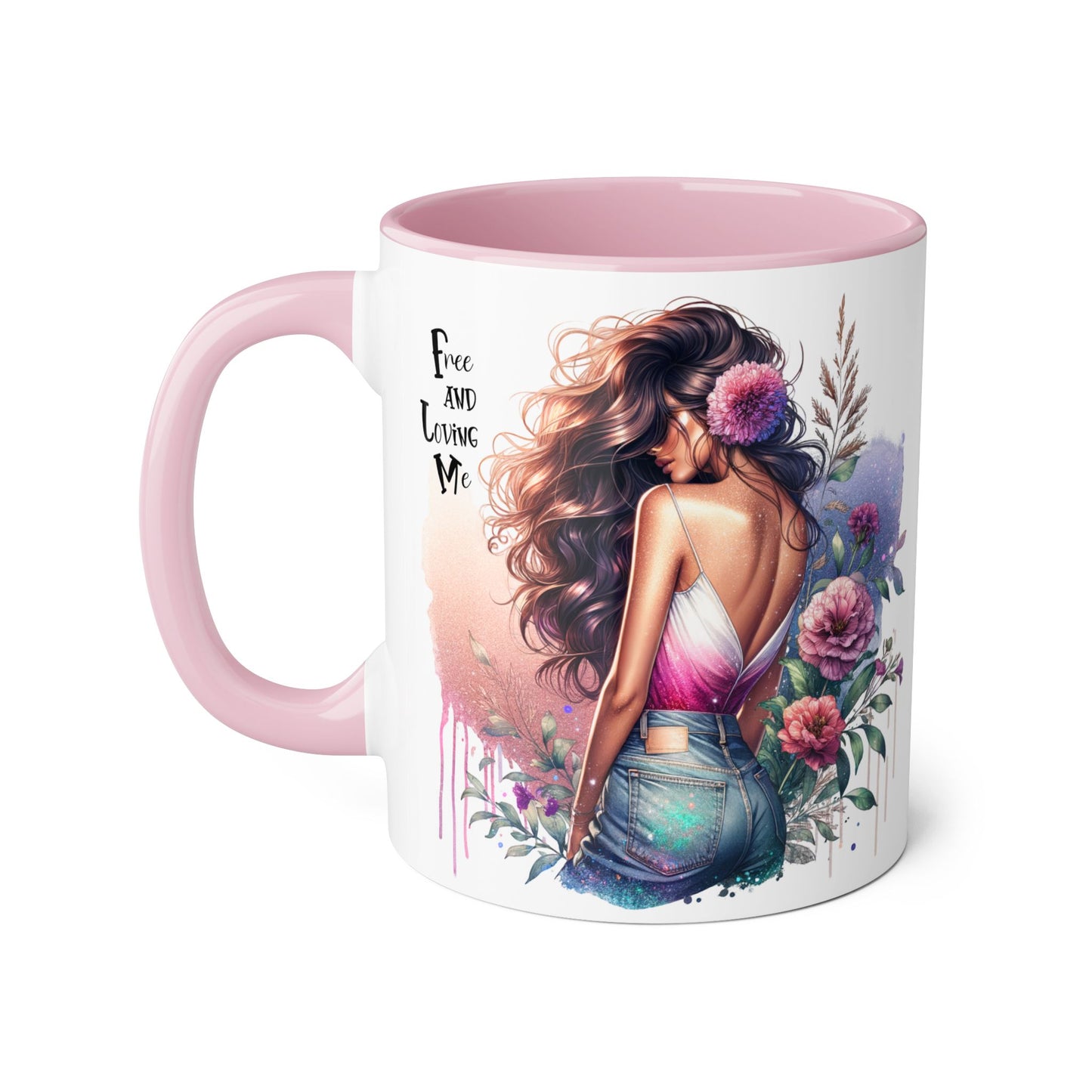 Free and Loving Me Boho Floral Accent Mug, 11oz Coffee Cup, Inspirational Mug for Women, Gift for Friends, Cozy Home Decor, Self-Love Reminder