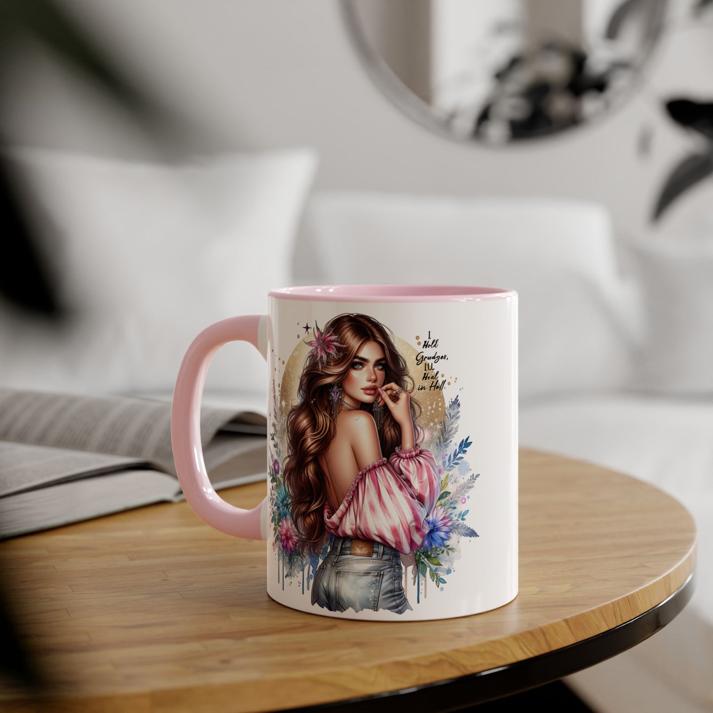 I Hold Grudges, I'll Heal in Hell Stylish Accent Mug, Floral Coffee Cup, Gift for Her, Tea Time Essentials, Boho Chic Mug, Perfect for Birthdays, Casual Everyday Use