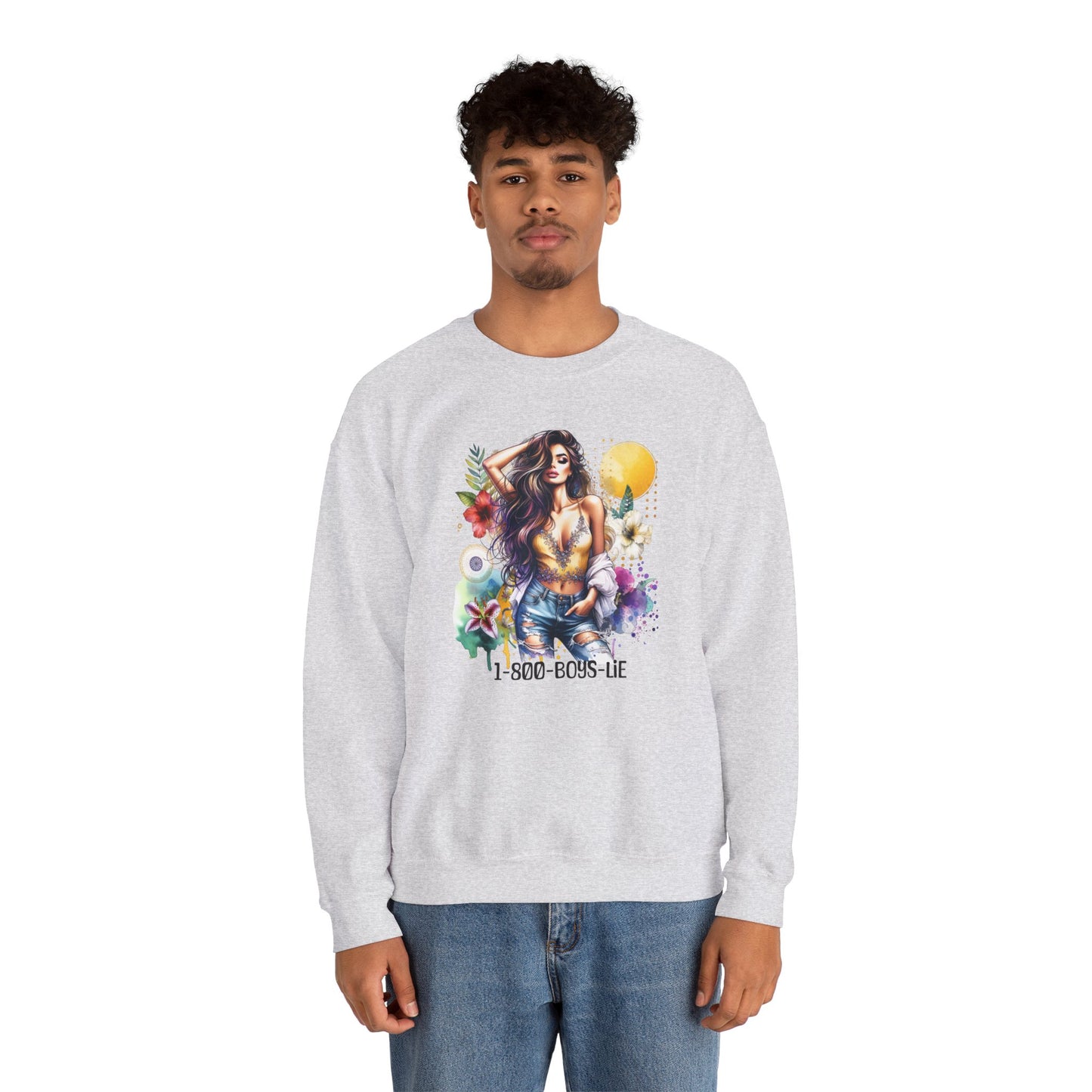 1-800-Boys-Lie Boho Chic Crewneck Sweatshirt with Floral Design, Unisex Gift, Self-Love Apparel, Cozy Casual Wear, Perfect for Relaxation