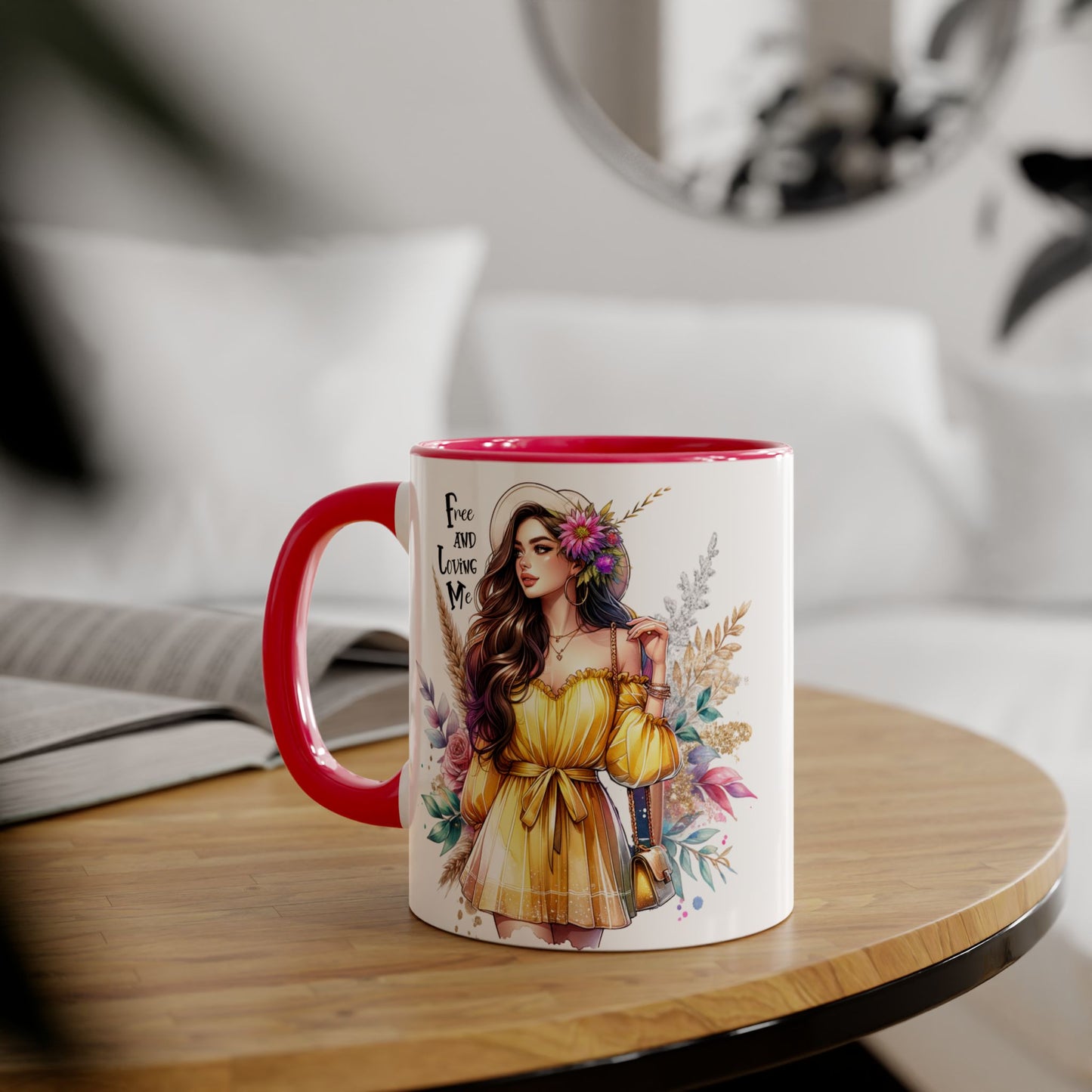 Free and Loving Me Bold Boho Accent Mug, Artistic Coffee Cup, Unique Gift for Women, Inspirational Kitchenware, Floral Design, Birthday Mug