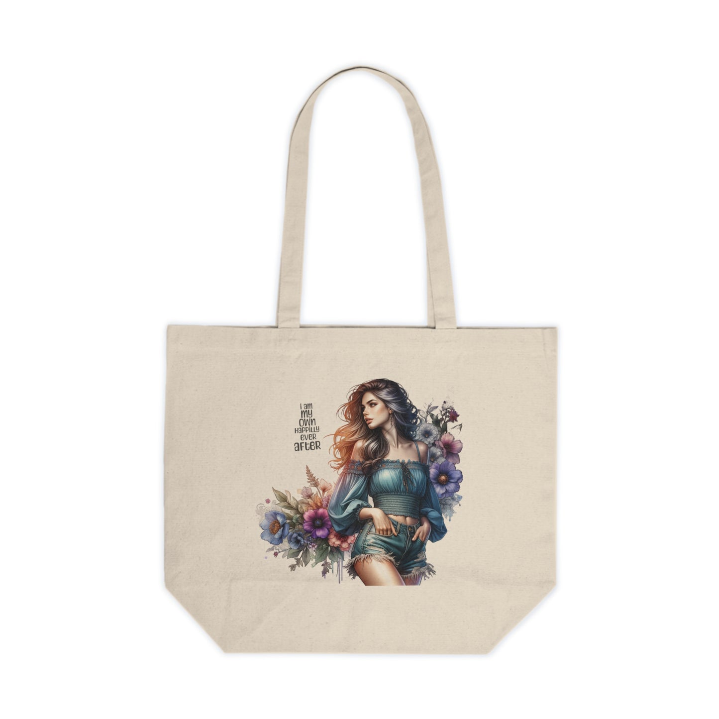 I Am My Own Happily Ever After Bohemian Canvas Shopping Tote Bag, Eco-Friendly Market Bag, Floral Design Tote, Gift for Her, Everyday Use, Beach or Grocery Tote