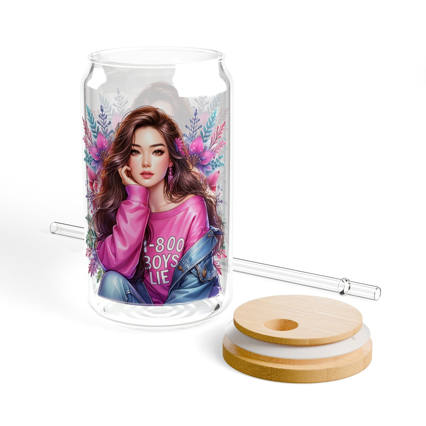 1-800-Boys-Lie Chic Sipper Glass with Straw, Stylish Glass Bottle, Trendy Drinkware, Gift for Her, Floral Design, Summer Party Accessory