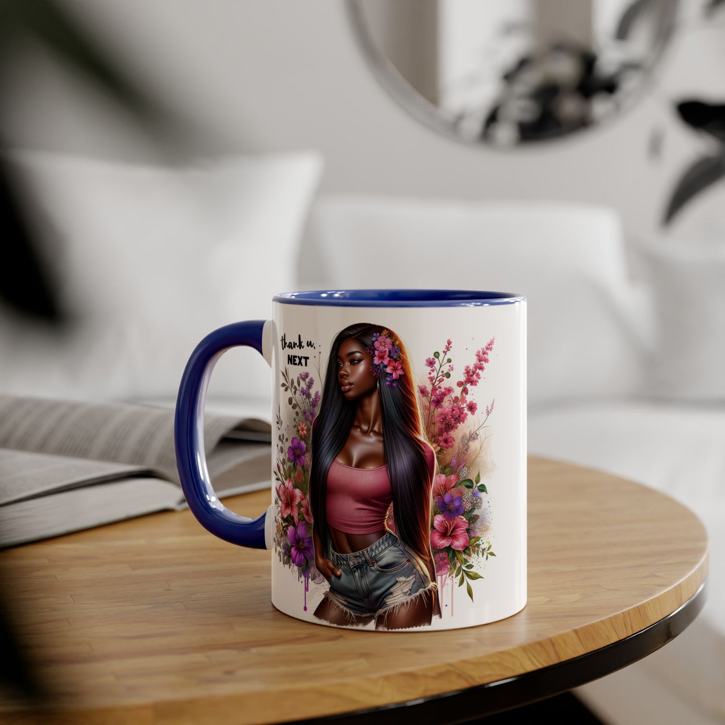 Thank U, Next Floral Accent Mug, Thank U Next Quote, Gift for Her, Coffee Cup, Unique Art, Black Handle Mug