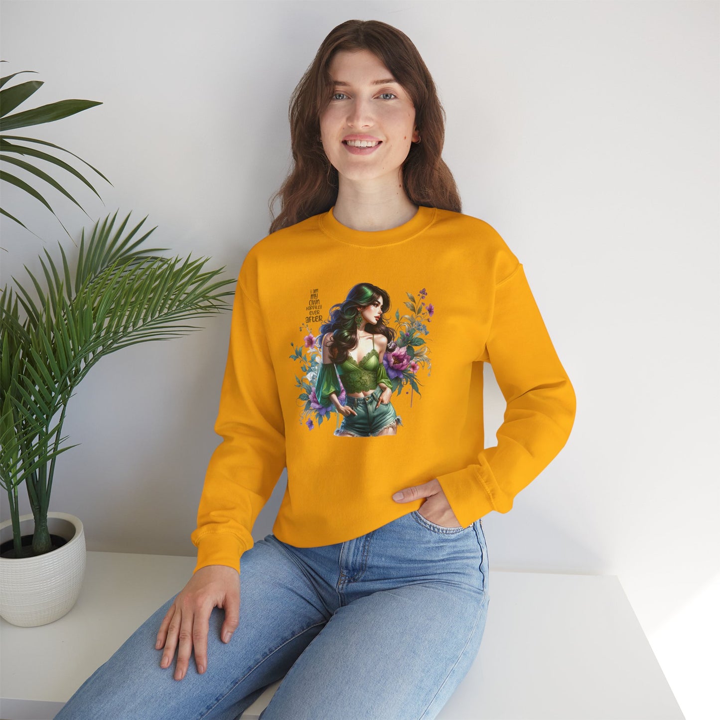 I Am My Own Happily Ever After Heroine Floral Sweatshirt | Unisex Cozy Crewneck, Gift for Her, Vintage Style, Plant Lover's Apparel, Superhero Inspired