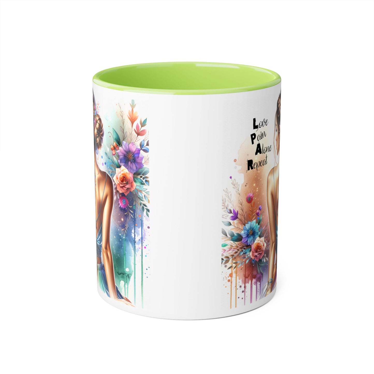 Vibrant Woman's Accent Mug, Love Pain Alone Repeat, Artistic Coffee Cup, Unique Gift for Her, Colorful Tea Mug