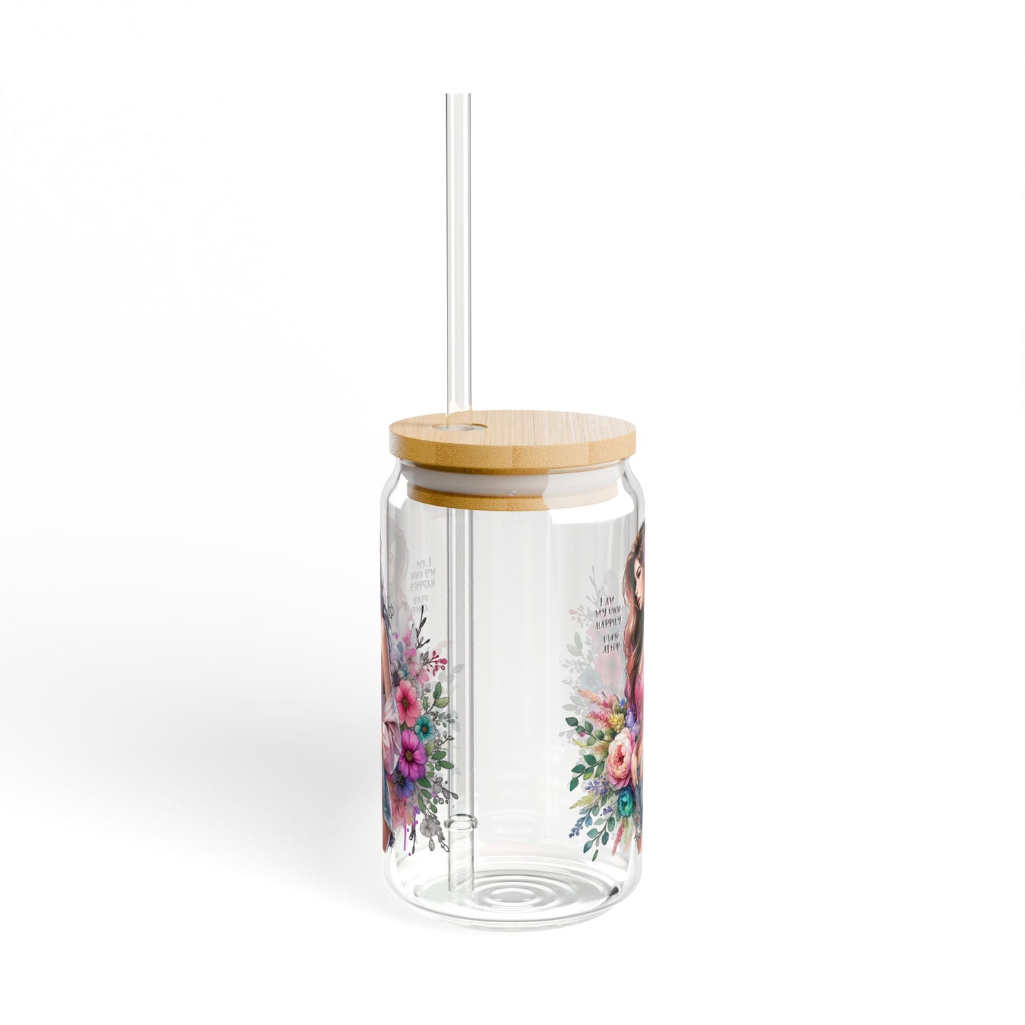 I Am My Own Happily Ever After Floral Art Sipper Glass - 16oz Eco-Friendly Beverage Container with Straw