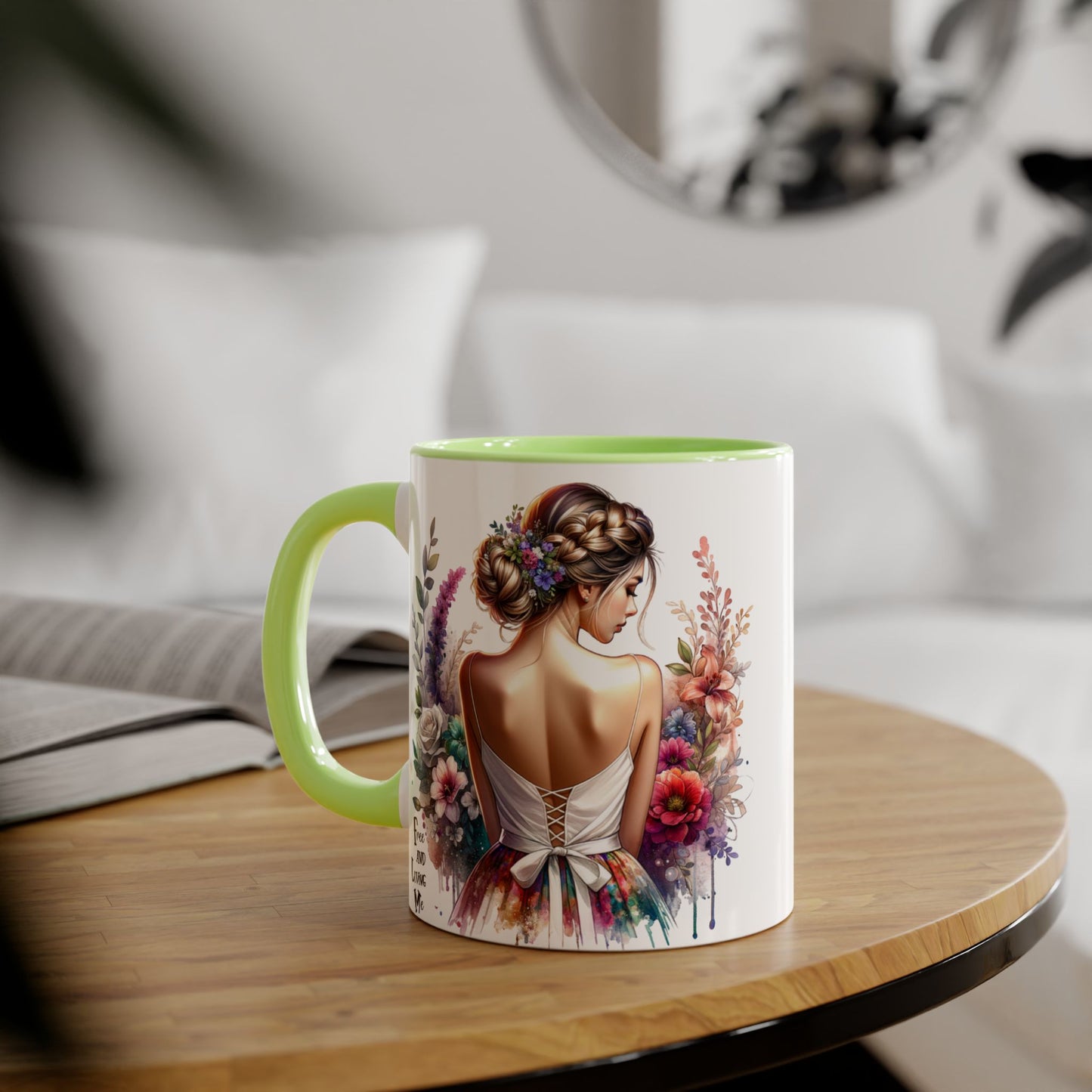Free and Loving Me Floral Accent Mug, Artistic Coffee Cup, Gift for Mom, Birthday, Mother's Day, Home Decor, Inspirational Mug