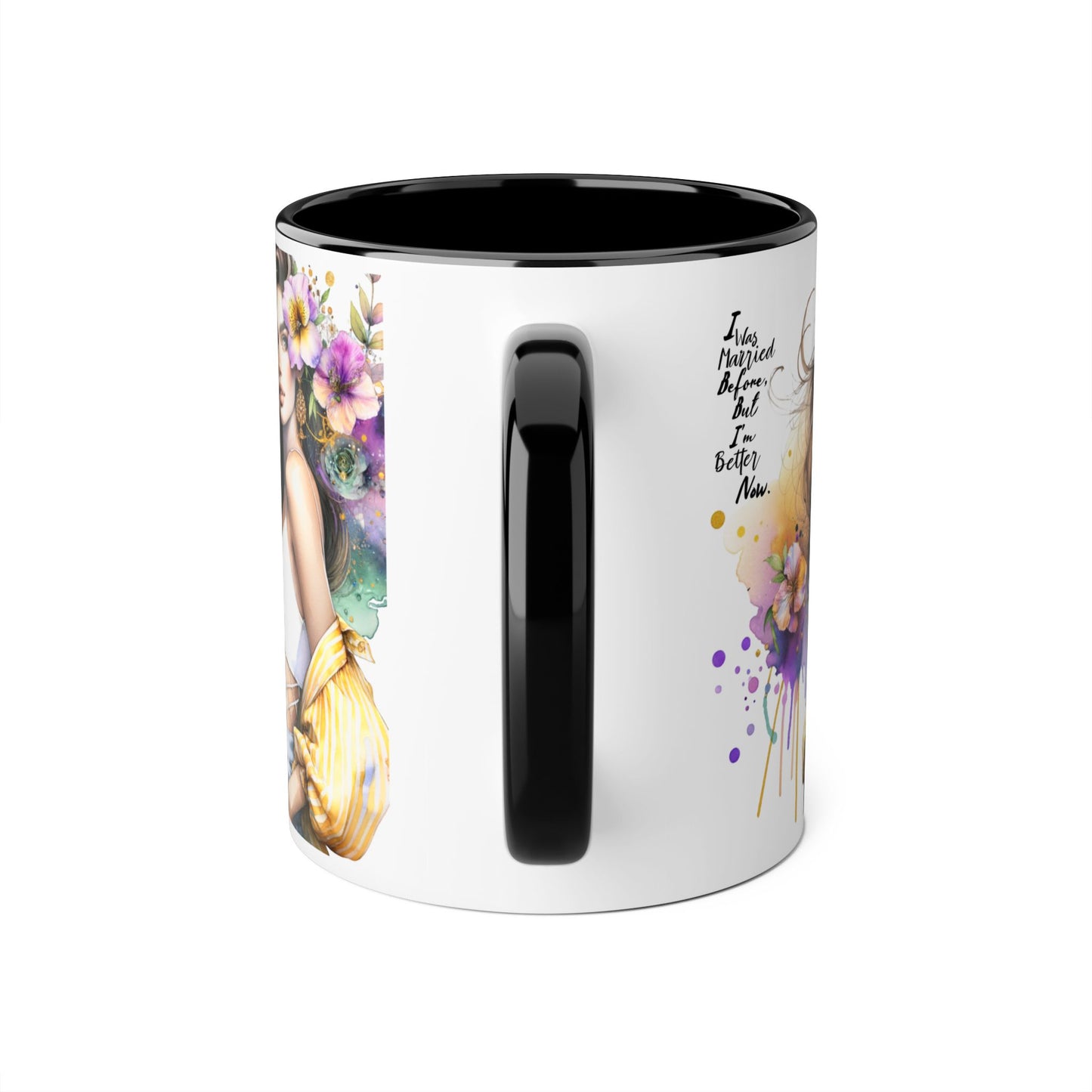 I Was Married Before But I'm Better Now Humoristic Artistic Accent Mug, Coffee Cup for Inspiration, Floral Design, Gift for Friends, Birthday, Home Decor, Motivational Drinkware