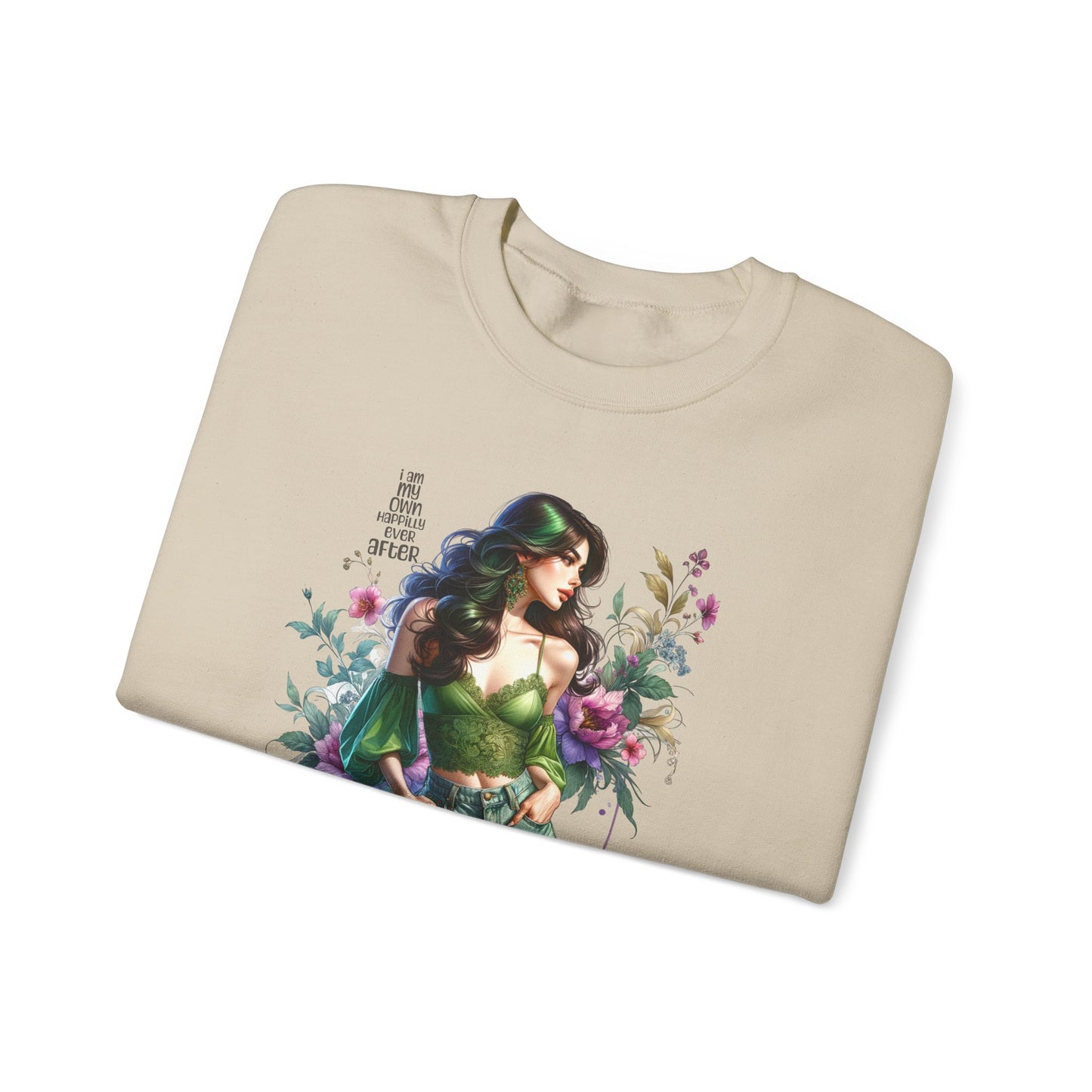 I Am My Own Happily Ever After Heroine Floral Sweatshirt | Unisex Cozy Crewneck, Gift for Her, Vintage Style, Plant Lover's Apparel, Superhero Inspired