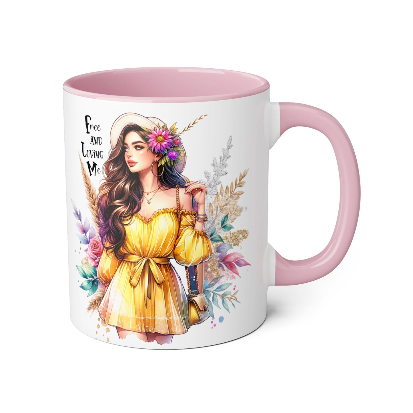 Free and Loving Me Bold Boho Accent Mug, Artistic Coffee Cup, Unique Gift for Women, Inspirational Kitchenware, Floral Design, Birthday Mug