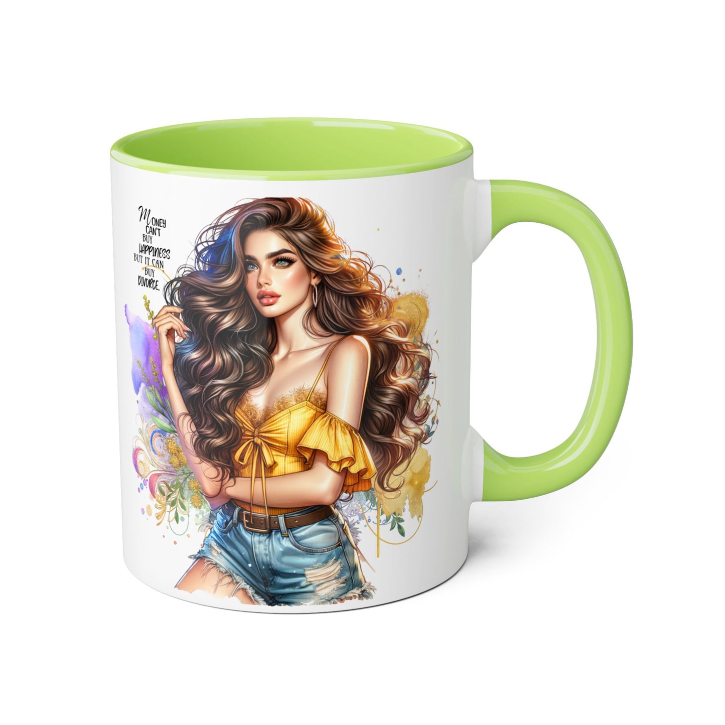 Money Can't Buy Happiness But It Can Buy Divorce Humoristic Empowering Accent Mug, Inspirational Coffee Cup, Artful Drinkware for Self-Care, Perfect Gift for Birthdays, Motivational Decor