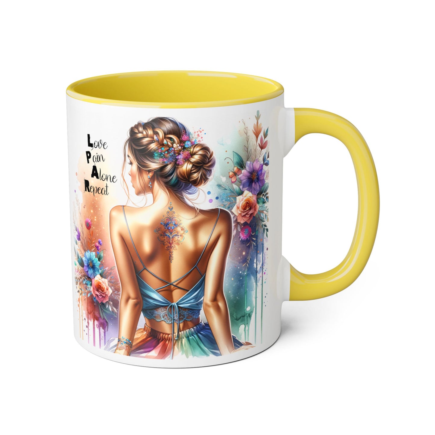 Vibrant Woman's Accent Mug, Love Pain Alone Repeat, Artistic Coffee Cup, Unique Gift for Her, Colorful Tea Mug