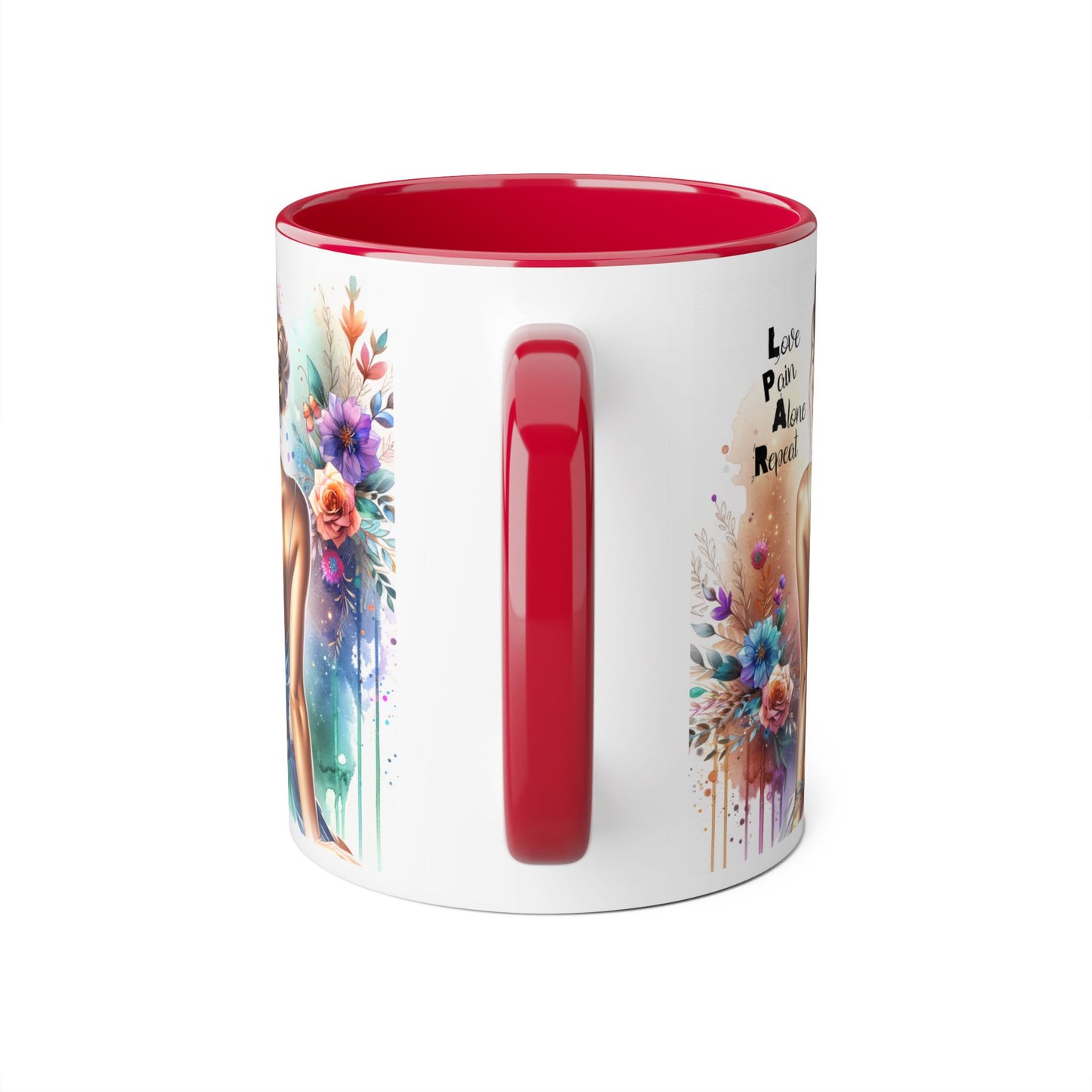 Vibrant Woman's Accent Mug, Love Pain Alone Repeat, Artistic Coffee Cup, Unique Gift for Her, Colorful Tea Mug