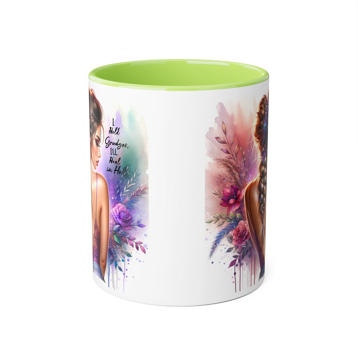 I Hold Grudges, I'll Heal in Hell Artistic Black Accent Mug, Inspirational Coffee Cup, Unique Gift for Her, Flower Design Tea Mug, Stylish Drinkware for Every Occasion