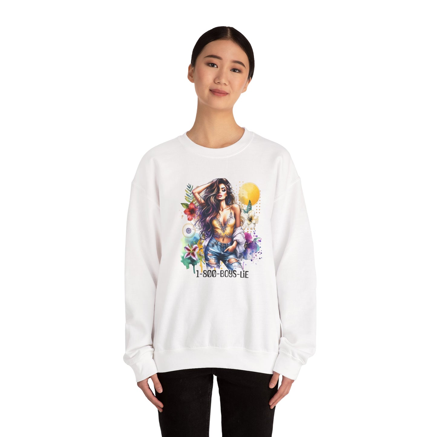 1-800-Boys-Lie Boho Chic Crewneck Sweatshirt with Floral Design, Unisex Gift, Self-Love Apparel, Cozy Casual Wear, Perfect for Relaxation