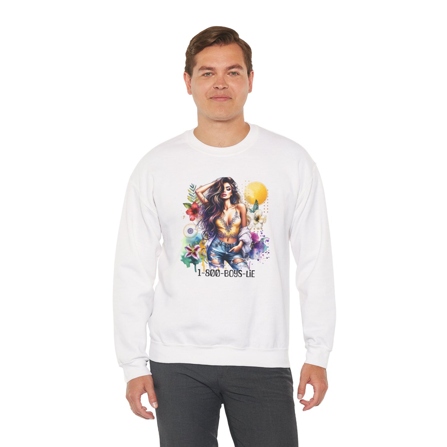 1-800-Boys-Lie Boho Chic Crewneck Sweatshirt with Floral Design, Unisex Gift, Self-Love Apparel, Cozy Casual Wear, Perfect for Relaxation