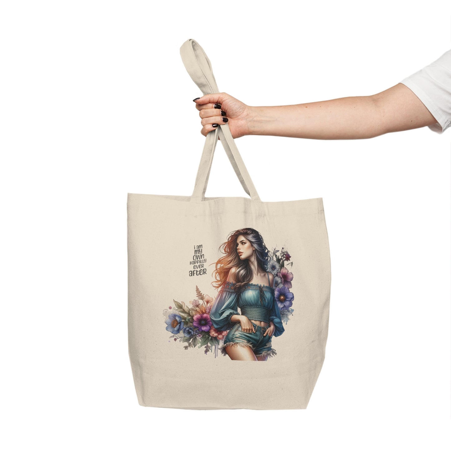 I Am My Own Happily Ever After Bohemian Canvas Shopping Tote Bag, Eco-Friendly Market Bag, Floral Design Tote, Gift for Her, Everyday Use, Beach or Grocery Tote