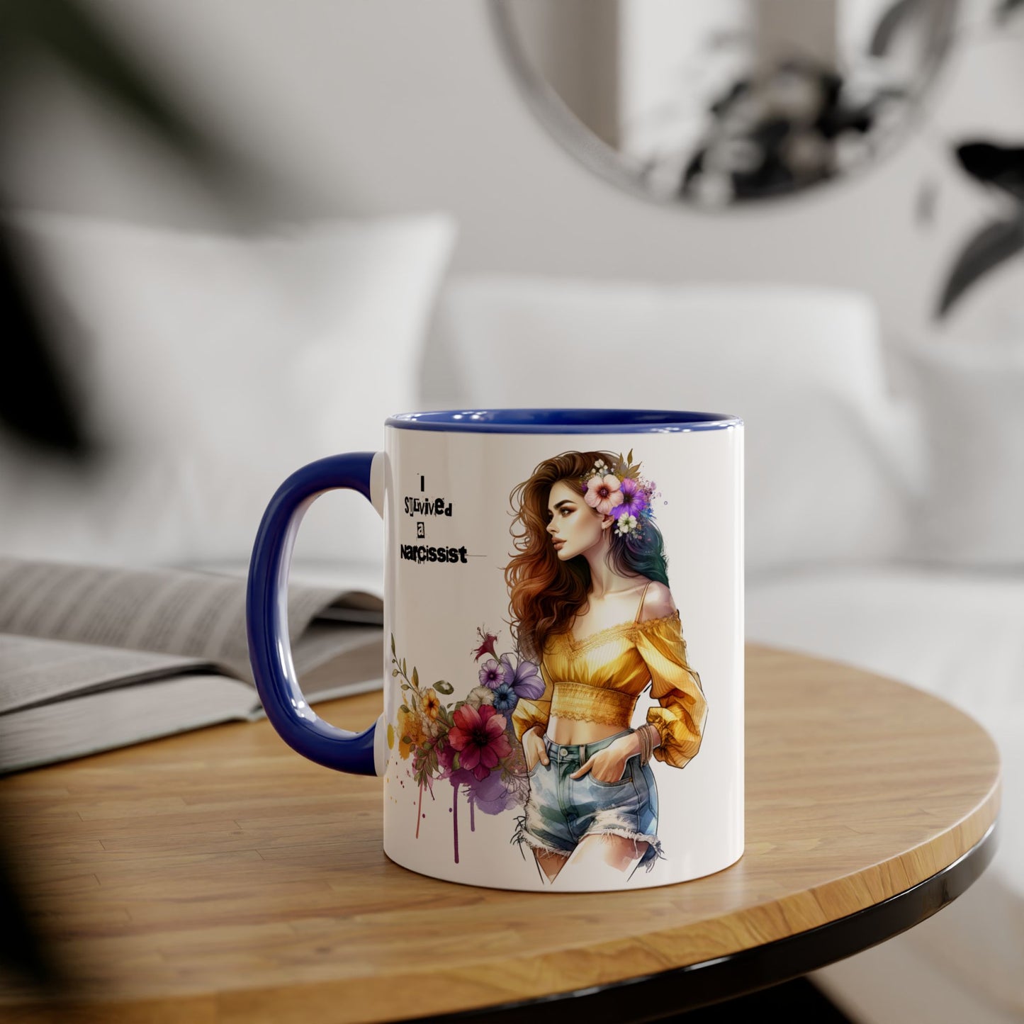 Empowering Accent Mug, Flower Art Coffee Cup, I Survived a Narcissist, Gift for Her, Inspirational Tea Mug, Self-Care