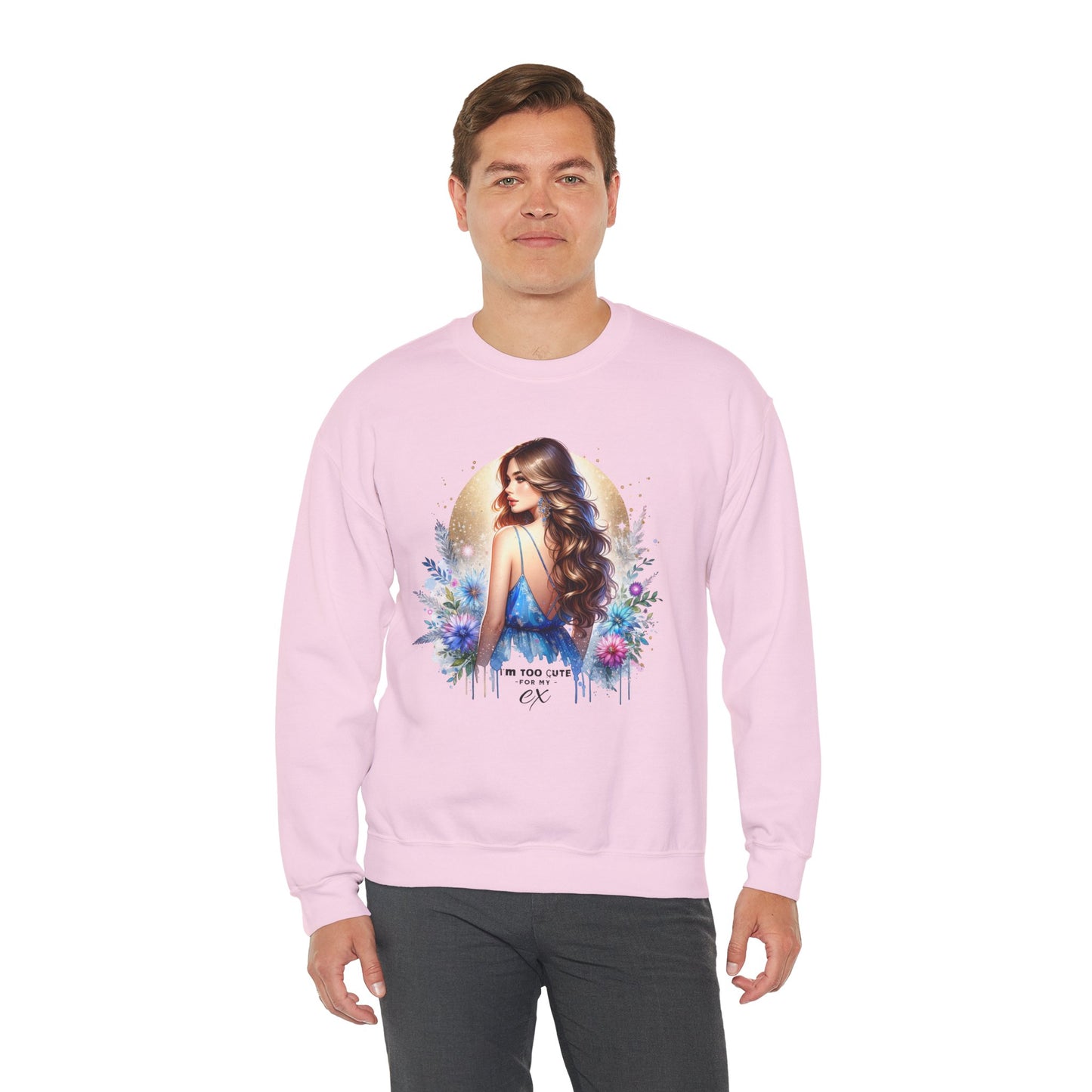 I'm Too Cute For My Ex Artistic Floral Crewneck Sweatshirt with Elegant Woman Design, Cozy Pullover, Gift for Her, Trendy Apparel, Perfect for Everyday Wear
