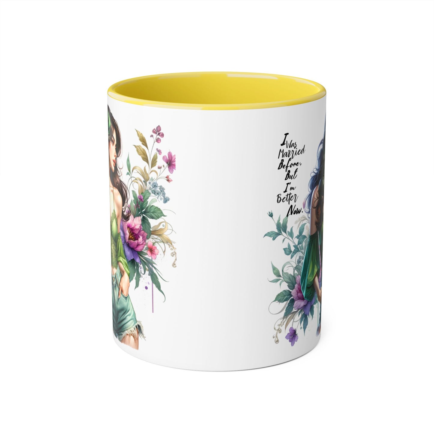 I Was Married Before But I'm Better Now Humoristic Floral Goddess Accent Mug, Inspirational Coffee Cup, Gift for Her, Boho Chic Drinkware, Unique Art Mugs, Home Decor