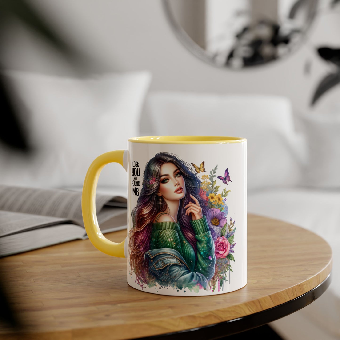 Colorful Accent Mug - "Lose You and Found Me" Design for Coffee Lovers, Unique Gift for Her, Floral Art Mug, Inspirational Drinkware