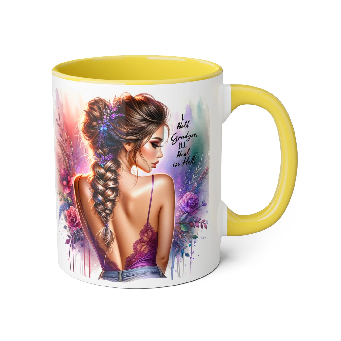 I Hold Grudges, I'll Heal in Hell Artistic Black Accent Mug, Inspirational Coffee Cup, Unique Gift for Her, Flower Design Tea Mug, Stylish Drinkware for Every Occasion