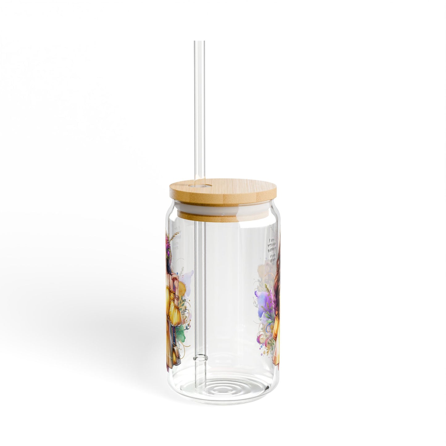 I Am My Own Happily Ever After Floral Art Sipper Glass - 16oz with Straw - Vibrant & Eco-Friendly Drinkware