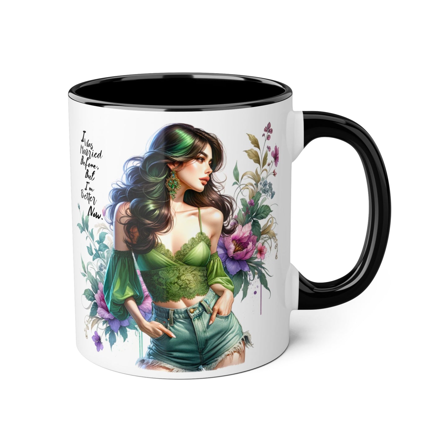 I Was Married Before But I'm Better Now Humoristic Floral Goddess Accent Mug, Inspirational Coffee Cup, Gift for Her, Boho Chic Drinkware, Unique Art Mugs, Home Decor