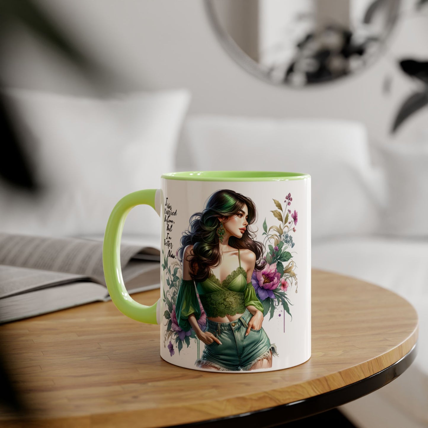 I Was Married Before But I'm Better Now Humoristic Floral Goddess Accent Mug, Inspirational Coffee Cup, Gift for Her, Boho Chic Drinkware, Unique Art Mugs, Home Decor