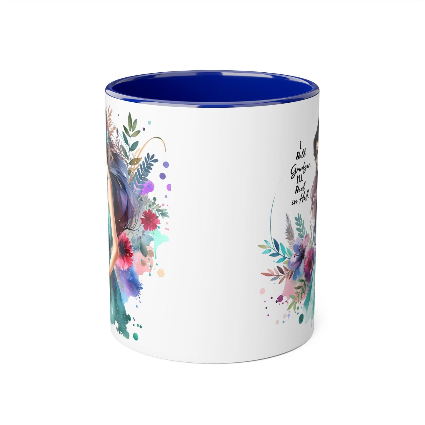 I Hold Grudges, I'll Heal in Hell Humoristic Colorful Accent Mug - Perfect Gift for Grandma, Artistic Coffee Cup, Floral Design Mug, Inspirational Quote Mug, Unique Drinkware