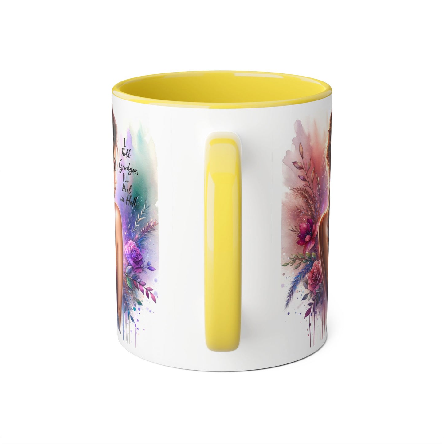 I Hold Grudges, I'll Heal in Hell Artistic Black Accent Mug, Inspirational Coffee Cup, Unique Gift for Her, Flower Design Tea Mug, Stylish Drinkware for Every Occasion
