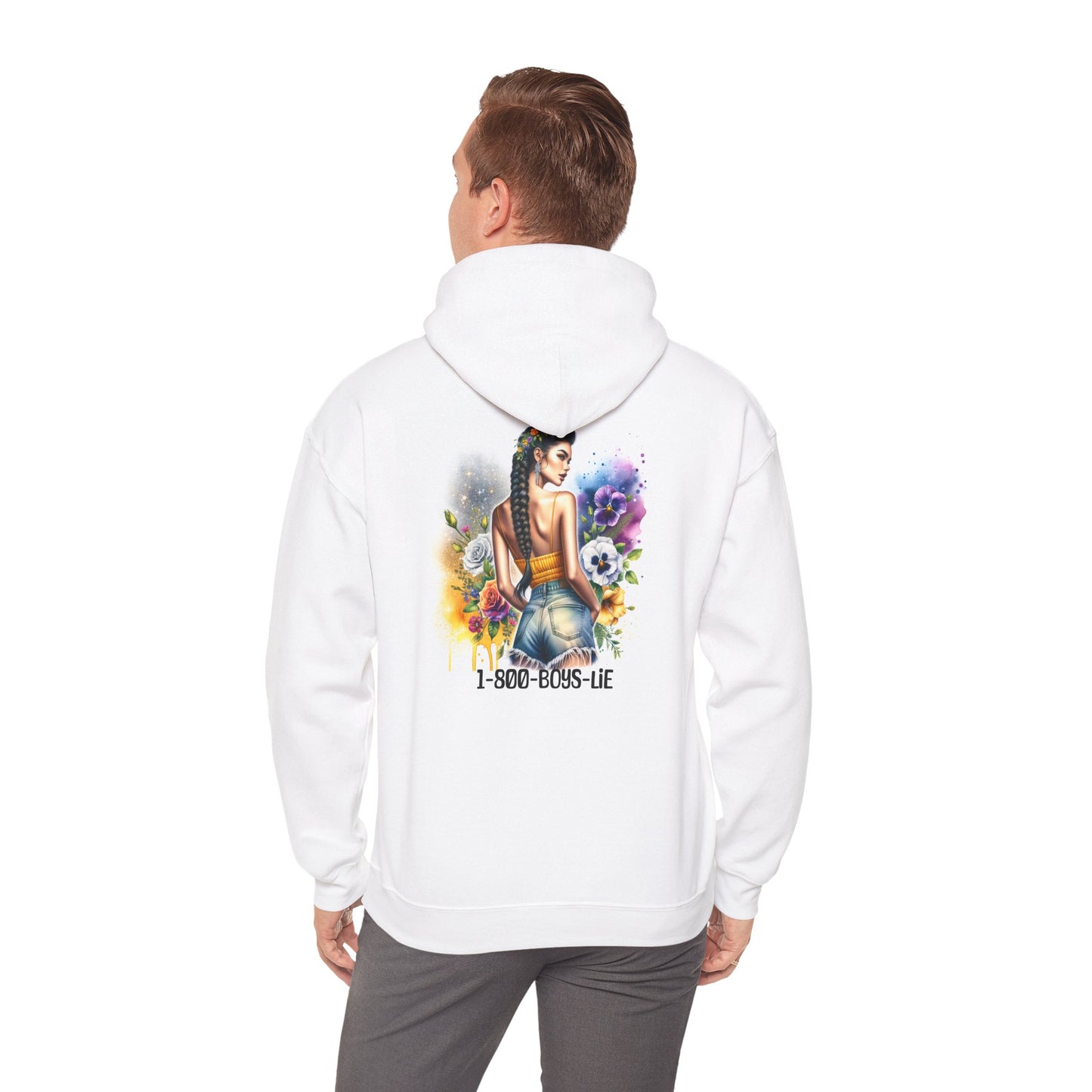 1-800-Boys-Lie Colorful Artistic Hoodie with Quote, Unisex Sweatshirt for Casual Outfits, Gift for Her, Trendy Streetwear, Bold Graphic Design