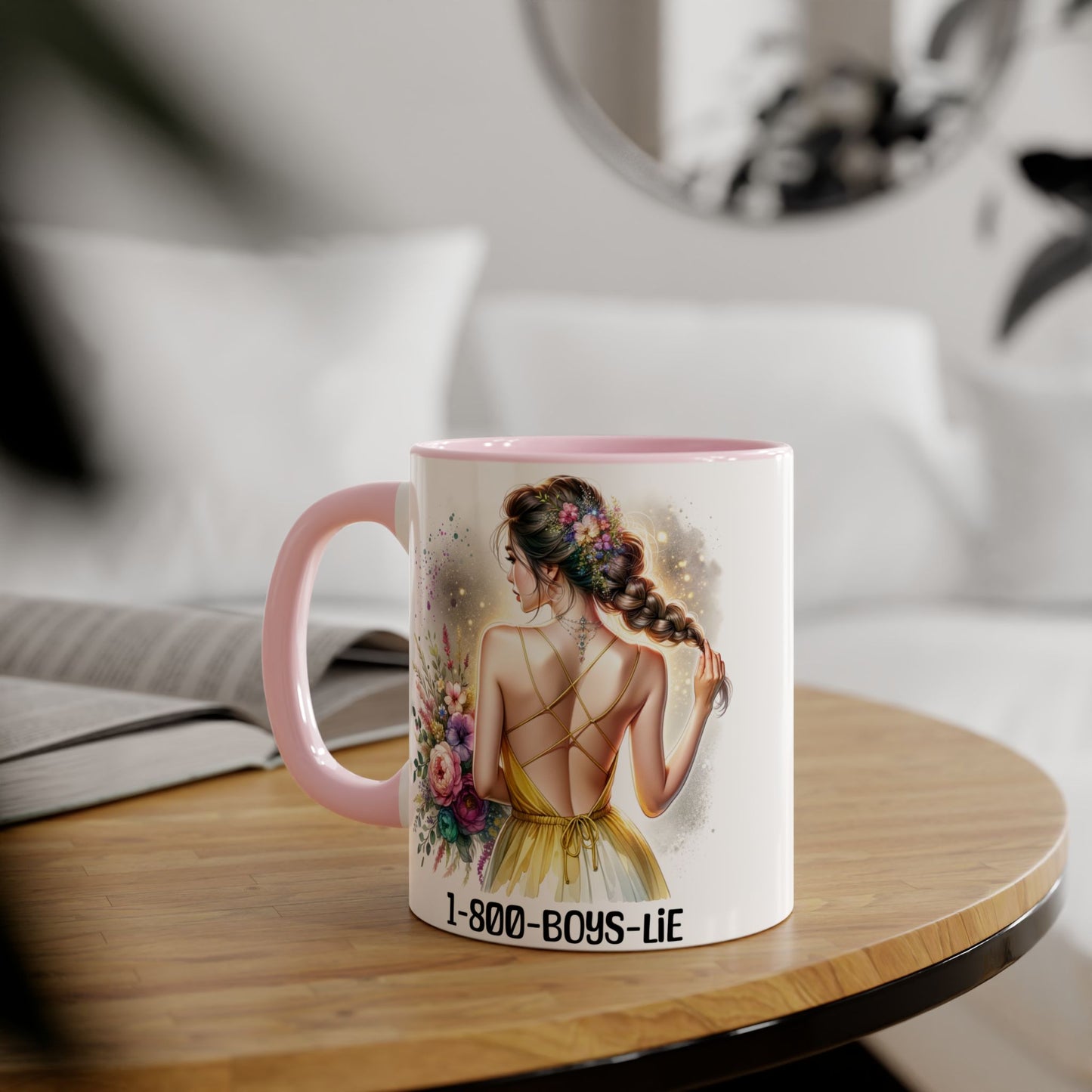 1-800-BOYS-LIE Chic Floral Accent Mug, Artistic Coffee Cup, Gift for Her, Inspirational Tea Mug, Floral Design Drinkware, Home Decor
