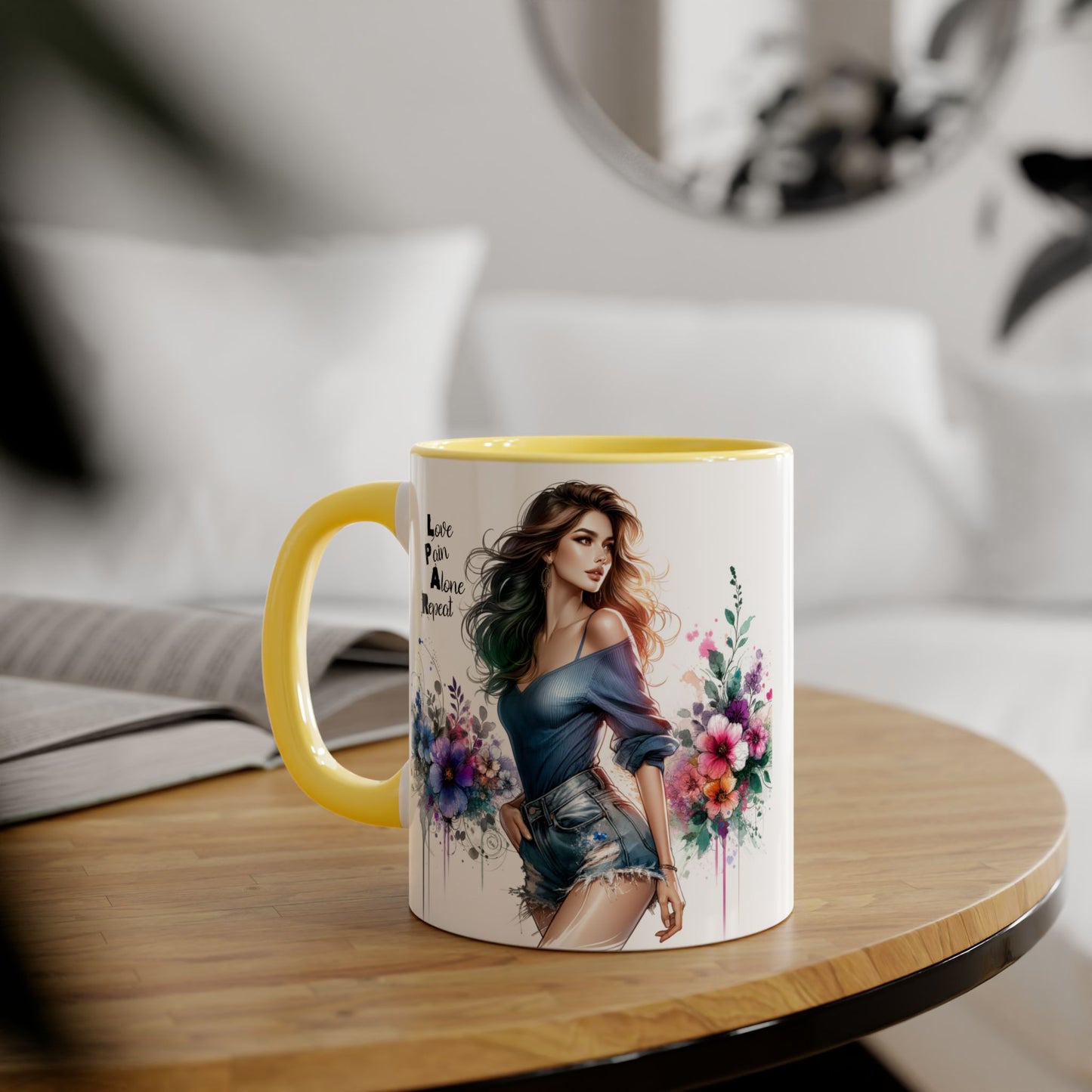 Stylish Accent Mug, Love Pain Alone Repeat Mug, Floral Design Coffee Cup, Gift for Her, Motivational Drinkware