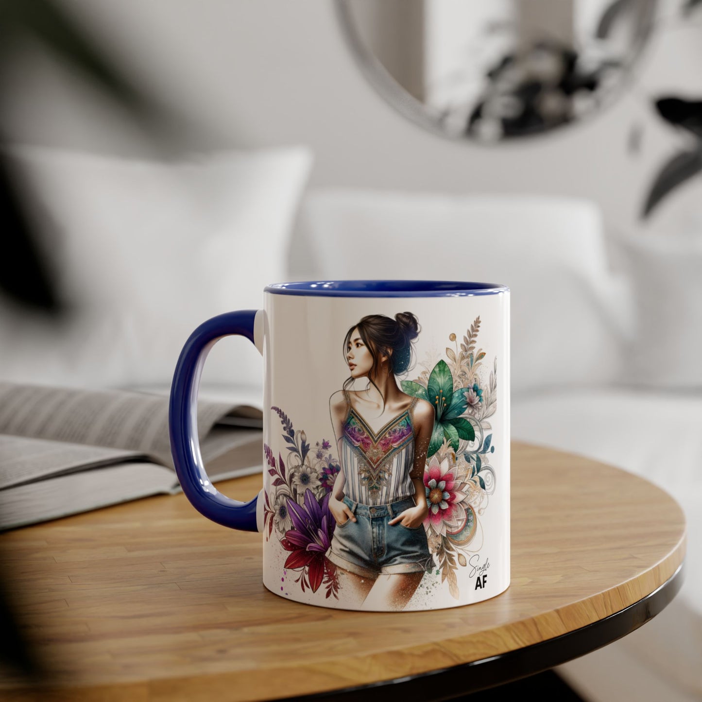 Single AF Boho Flower Accent Mug - Artistic Coffee Cup, Floral Design, Gift for Her, Birthday, Home Decor, Unique Artwork, 11oz