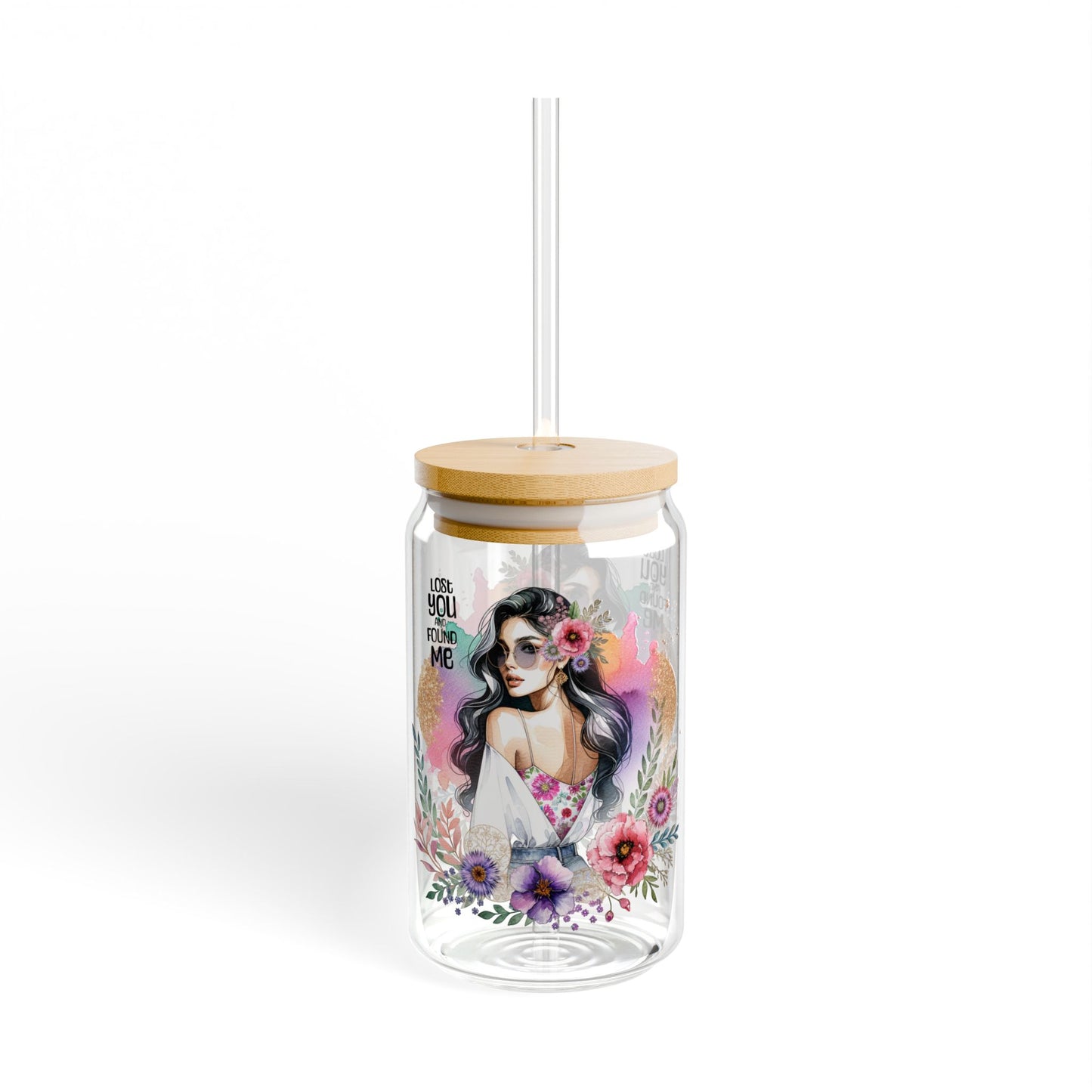 Lost You and Found Me Boho Floral Sipper Glass with Straw, 16oz, Art Glass Drinkware for Home & Parties, Vibrant Floral Design, Gift for Her, Summer Vibes