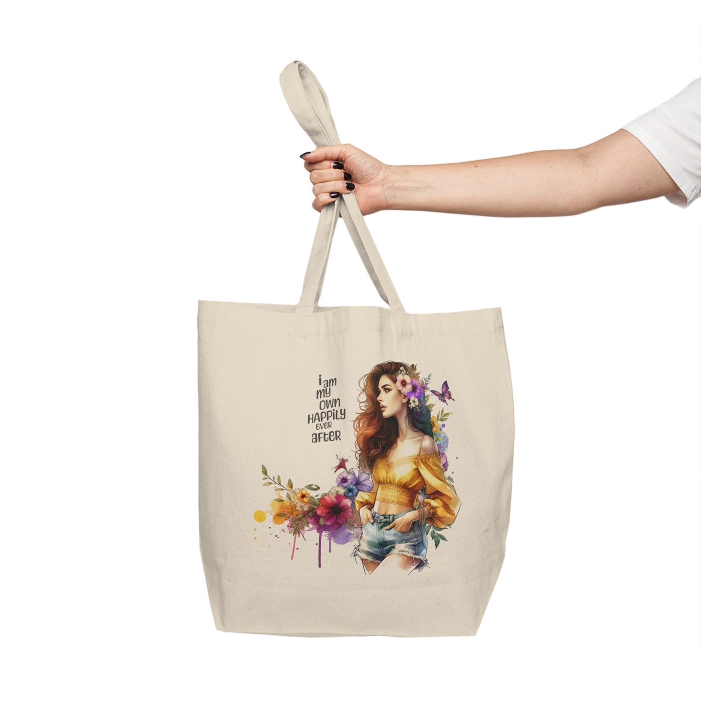 I Am My Own Happily Ever After Boho Floral Canvas Tote Bag, Stylish Shopper Tote, Eco-Friendly Grocery Bag, Gift for Her, Summer Market Bag