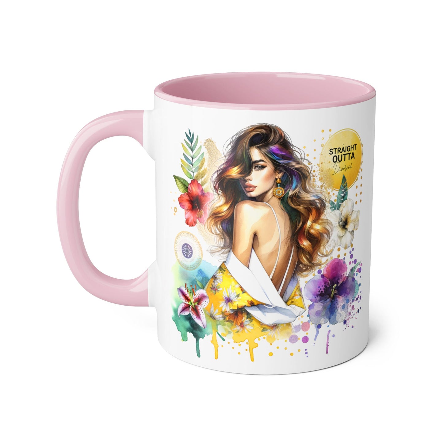 Straight Outta Divorced Humoristic Vibrant Accent Mugs, Floral Coffee Cup, Artistic Drinkware, Gift for Her, Home Decor, Unique Mug