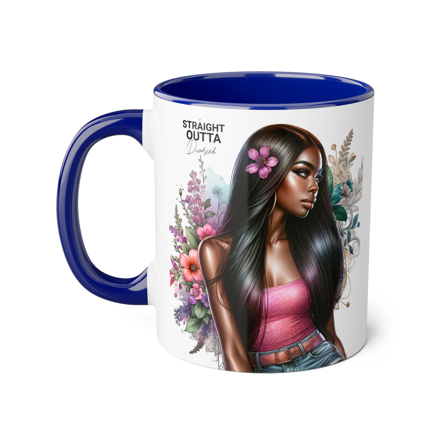 Straight Outta Divorced Humoristic Vibrant Statement Mug, Black Handle Coffee Cup, Floral Art Beverage Mug, Gift for Her, Inspirational Drinkware, Birthday Mug