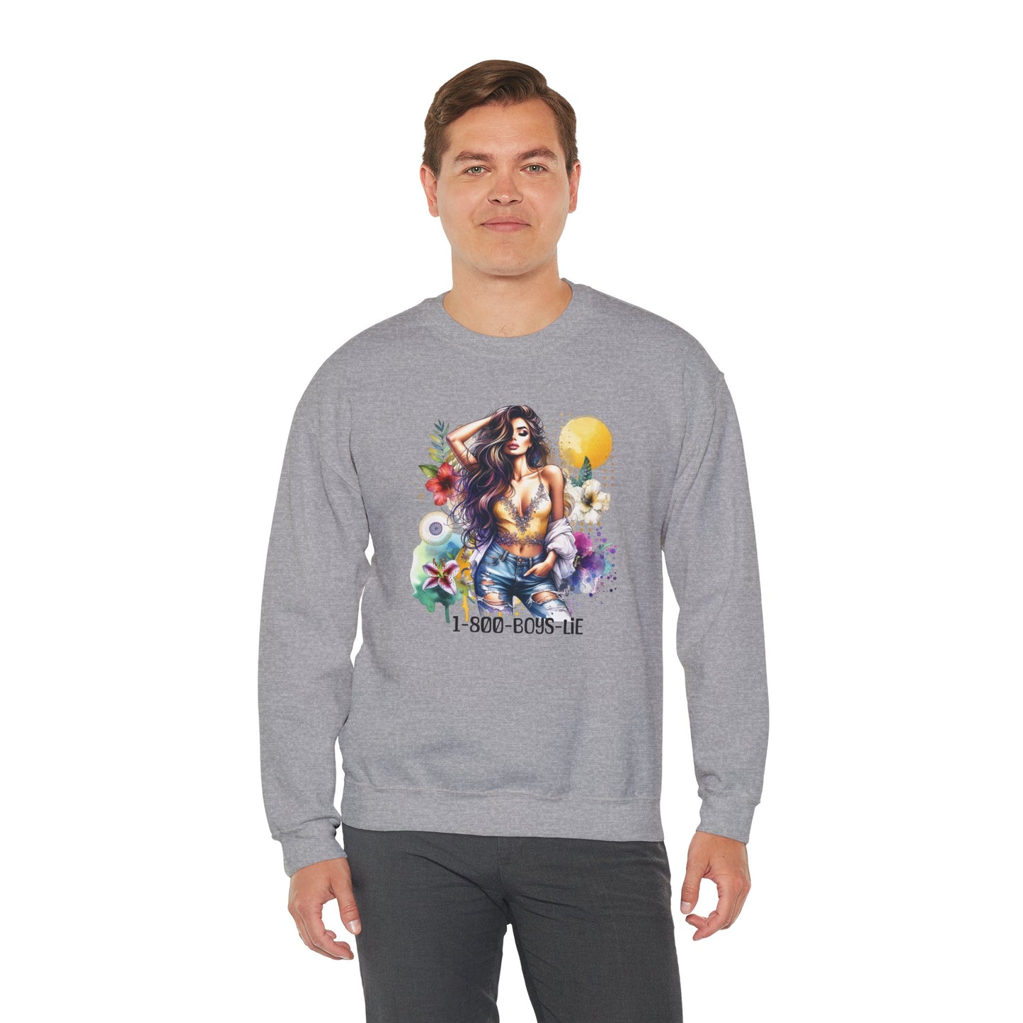 1-800-Boys-Lie Boho Chic Crewneck Sweatshirt with Floral Design, Unisex Gift, Self-Love Apparel, Cozy Casual Wear, Perfect for Relaxation