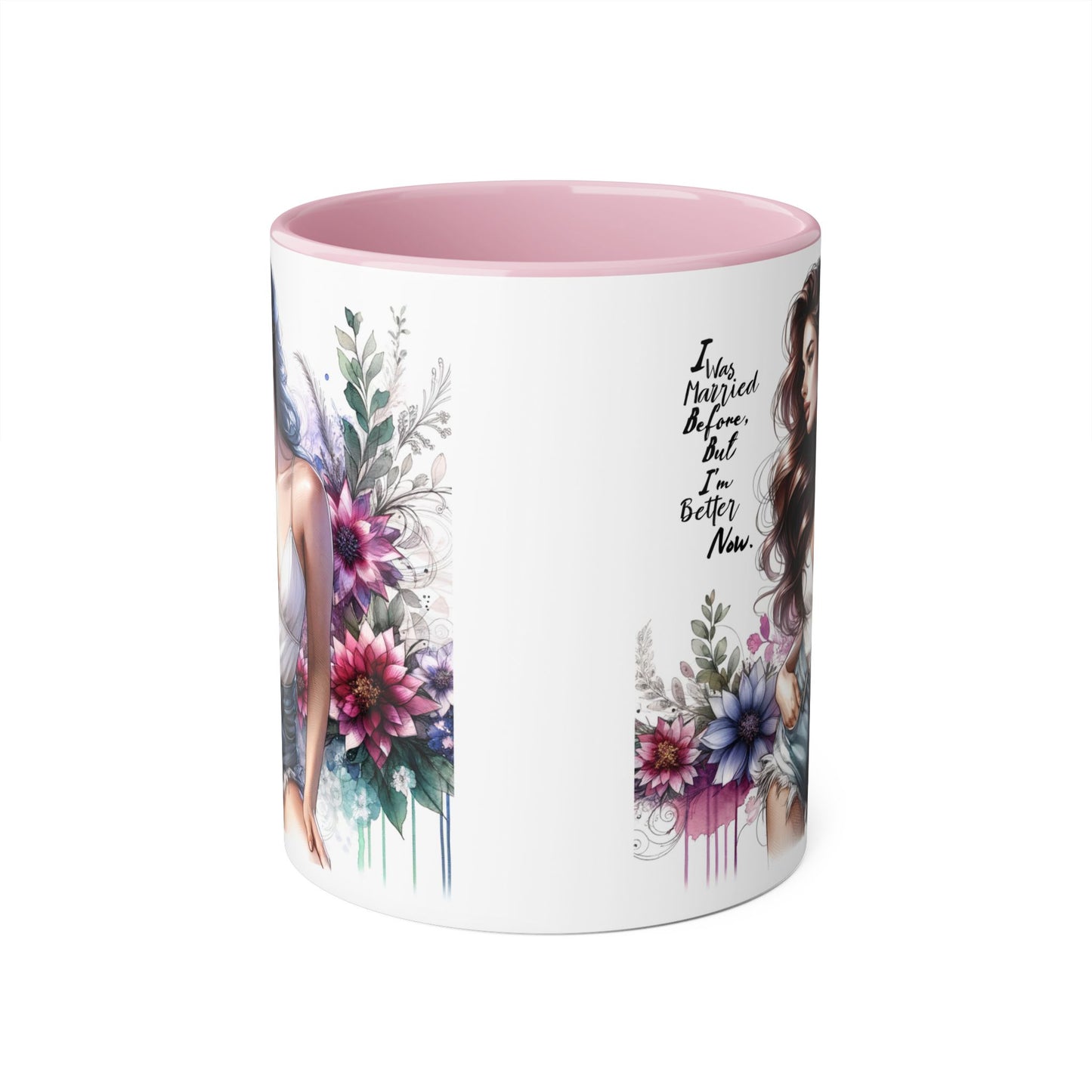 I Was Married Before But I'm Better Now Humoristic Elegant Floral Accent Mug - Inspirational Quote Coffee Cup, Gift for Her, Home Office Decor, Self-Care, Birthday Present