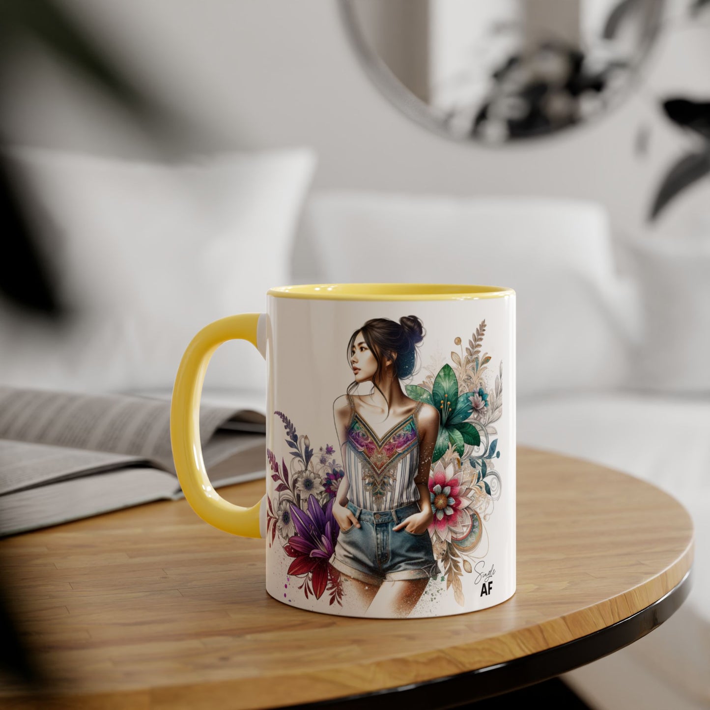 Single AF Boho Flower Accent Mug - Artistic Coffee Cup, Floral Design, Gift for Her, Birthday, Home Decor, Unique Artwork, 11oz