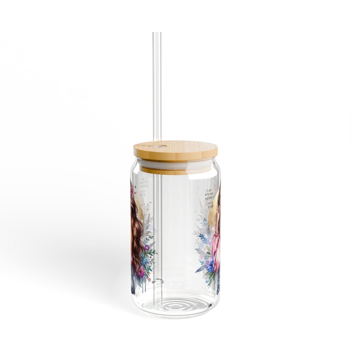 I Am My Own Happily Ever After Artistic Sipper Glass with Straw - 16oz, Personalized Drinkware for Party, Home, Summer, Cute Gift for Her, Floral Design