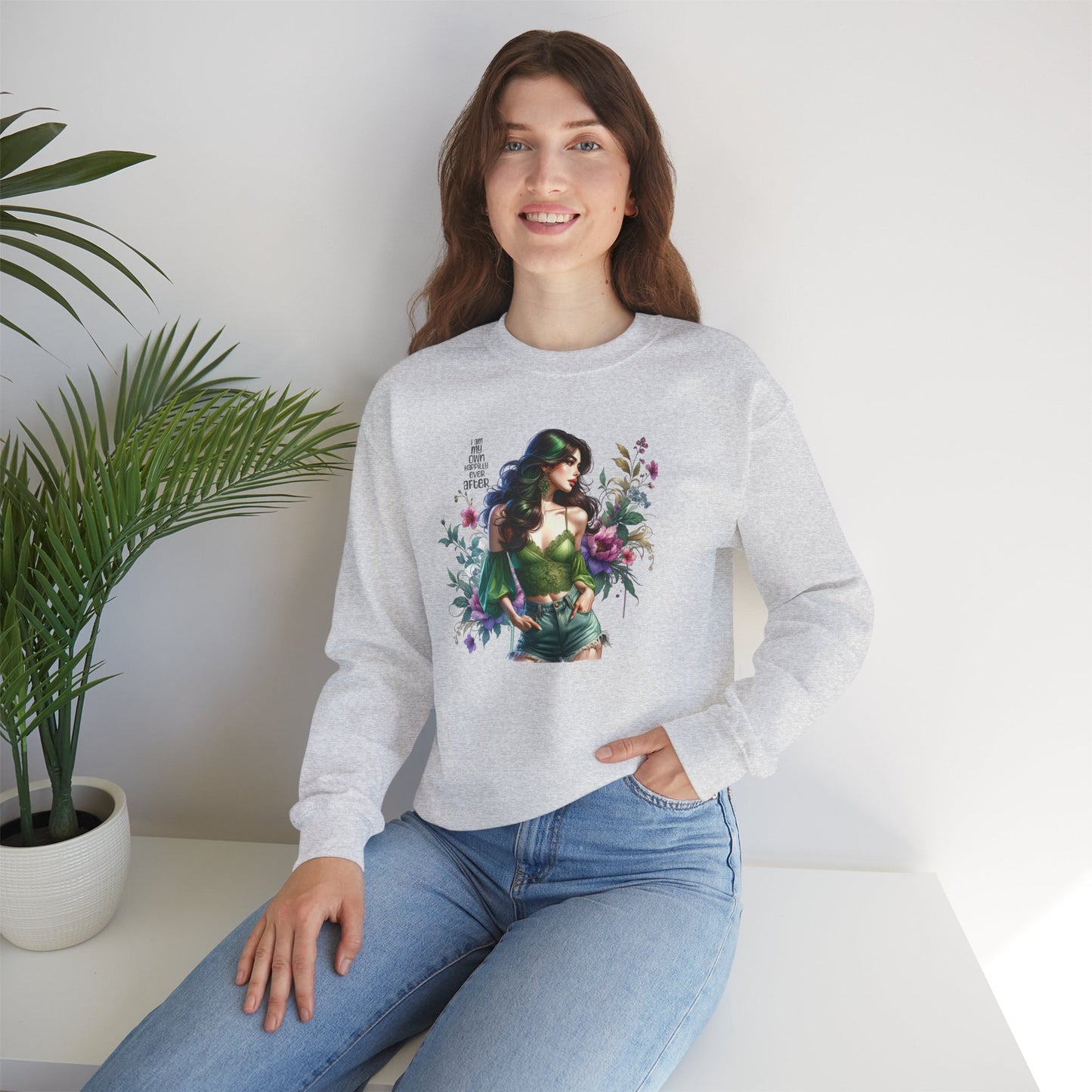 I Am My Own Happily Ever After Heroine Floral Sweatshirt | Unisex Cozy Crewneck, Gift for Her, Vintage Style, Plant Lover's Apparel, Superhero Inspired