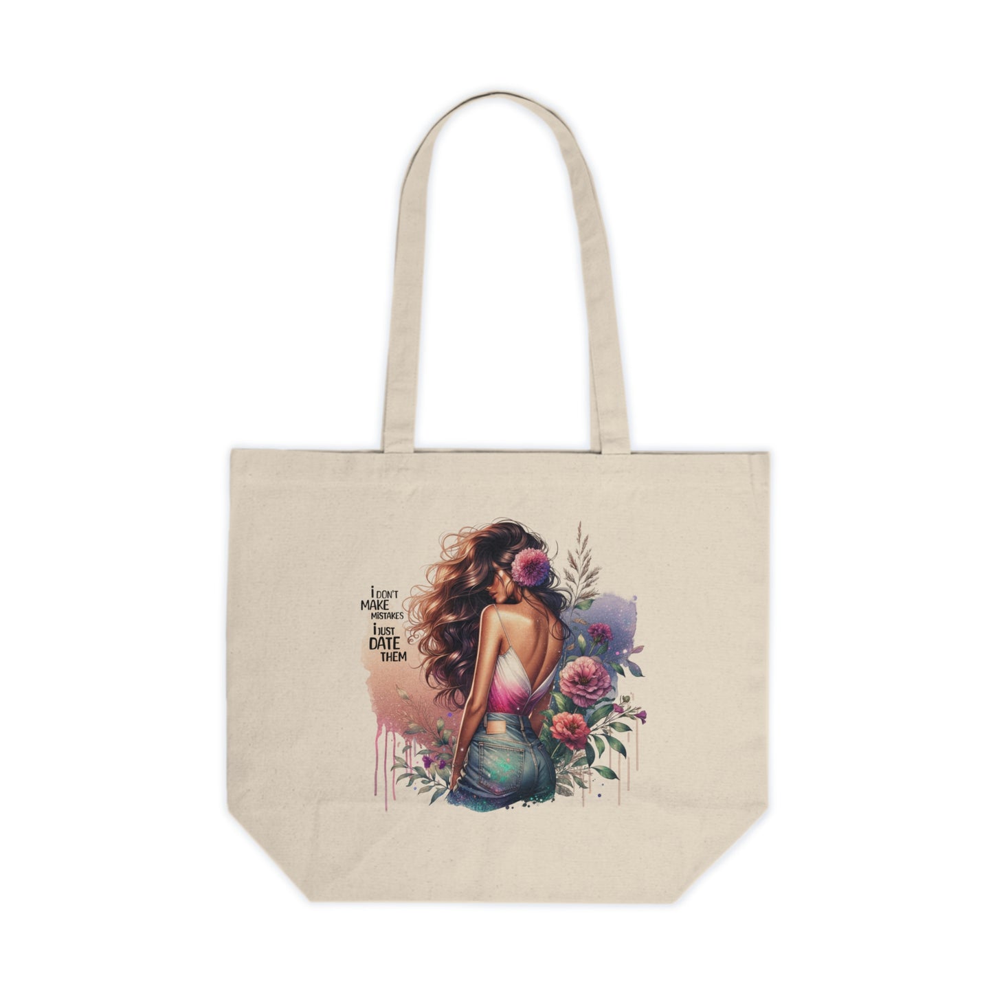 I Don`t Make Mistakes, I Just Date Them Floral Canvas Tote Bag, Inspirational Shopping Bag for Her, Boho Chic Market Tote, Gift for Friends, Eco-Friendly Carry-All