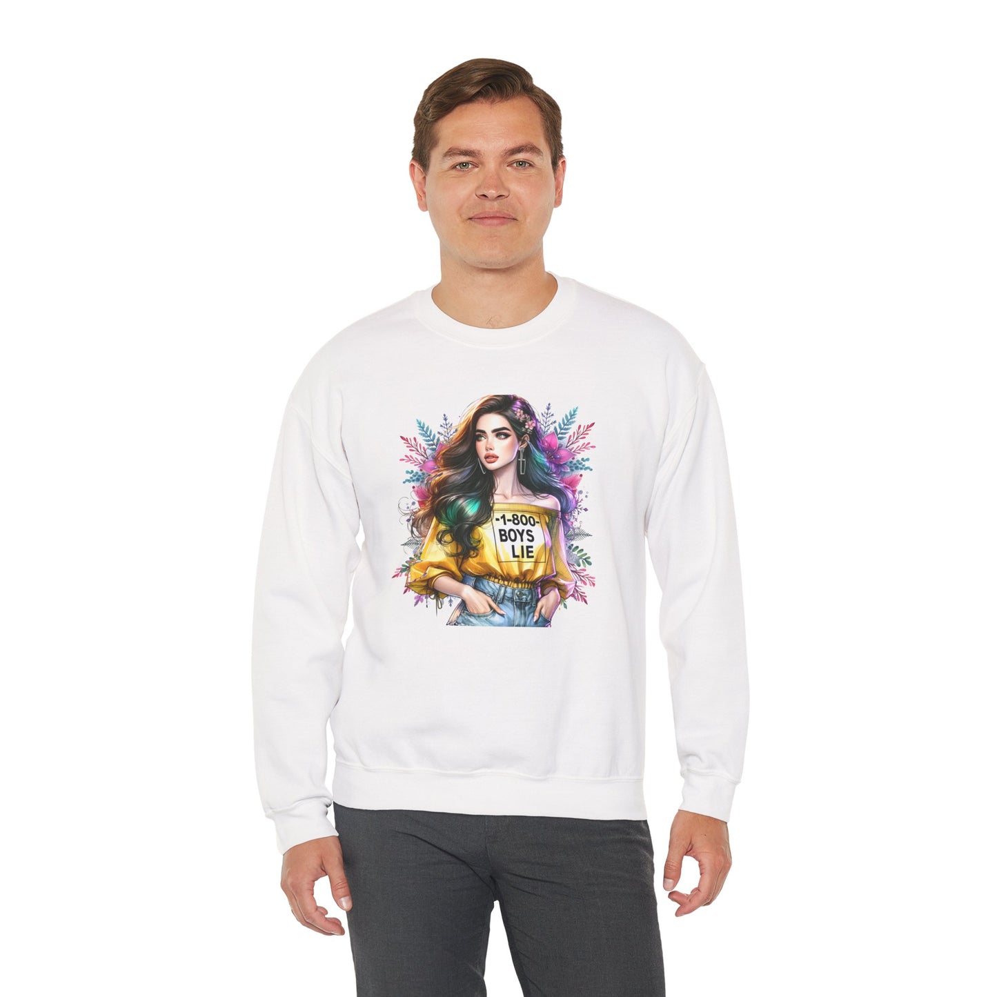 1-800-Boys-Lie Colorful Graphic Crewneck Sweatshirt - 'Boys Lie' Design, Unisex Sweatshirt, Trendy Gift, Casual Wear, Comfortable Outfit