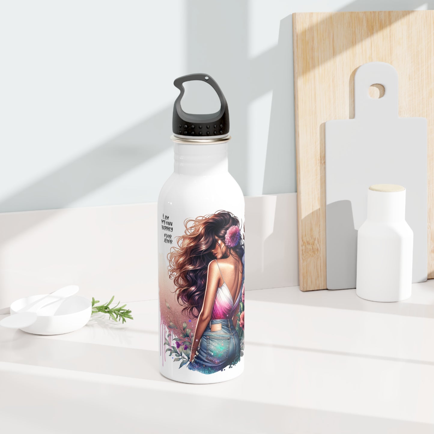 I Am My Own Happily Ever After Floral Art Stainless Steel Water Bottle - Inspirational Quote for Water Lovers
